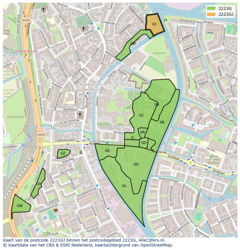 Afbeelding van het postcodegebied 2223 GJ op de kaart.