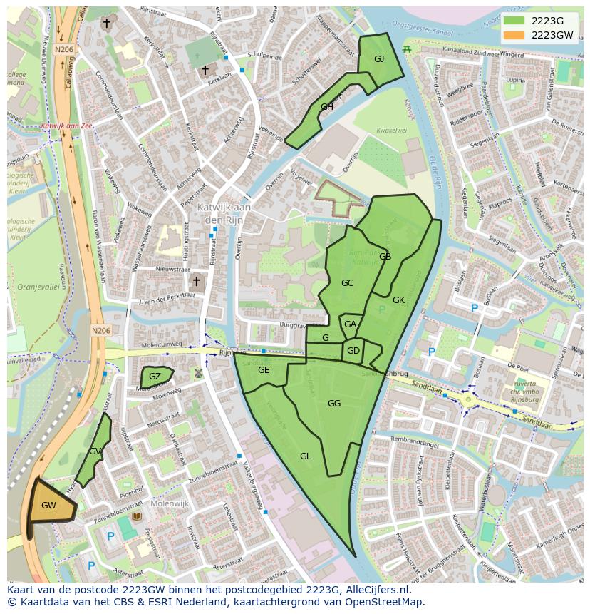 Afbeelding van het postcodegebied 2223 GW op de kaart.