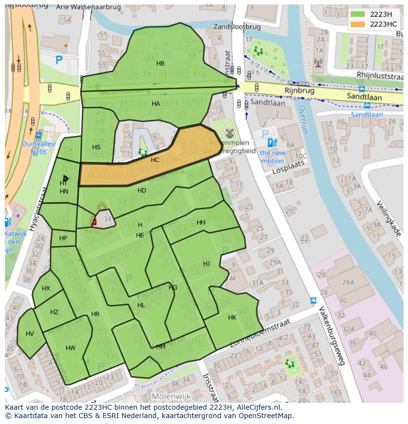 Afbeelding van het postcodegebied 2223 HC op de kaart.