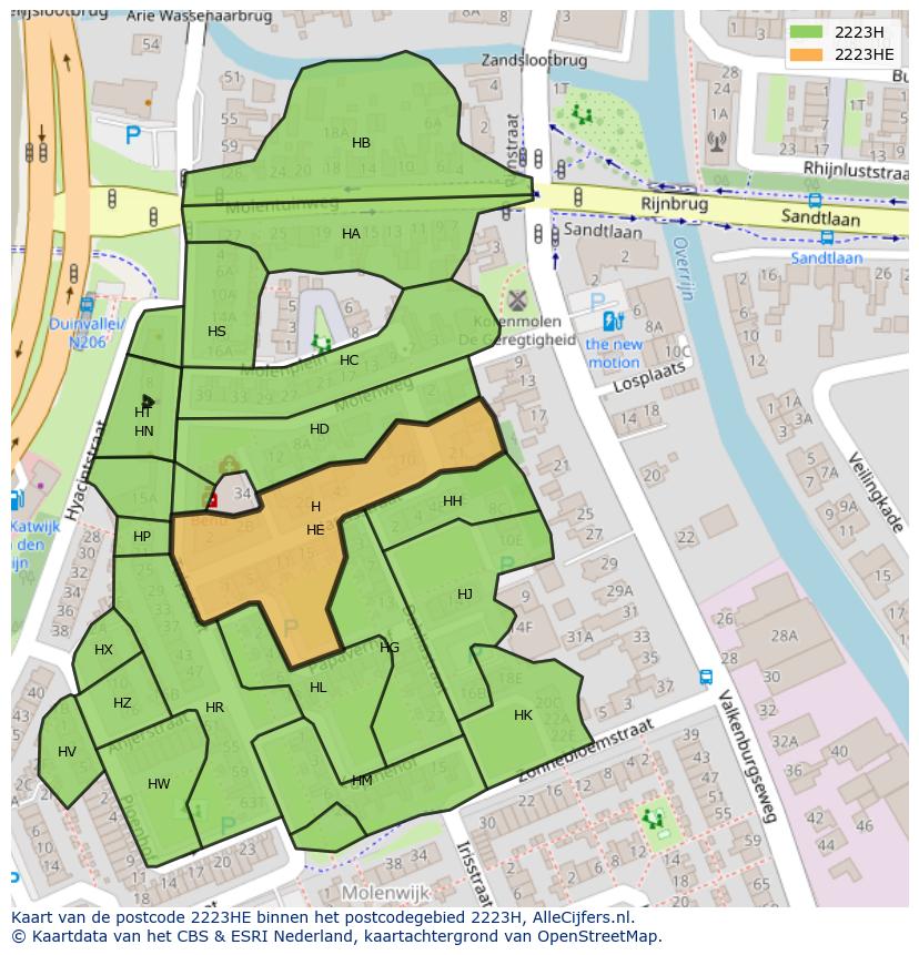 Afbeelding van het postcodegebied 2223 HE op de kaart.