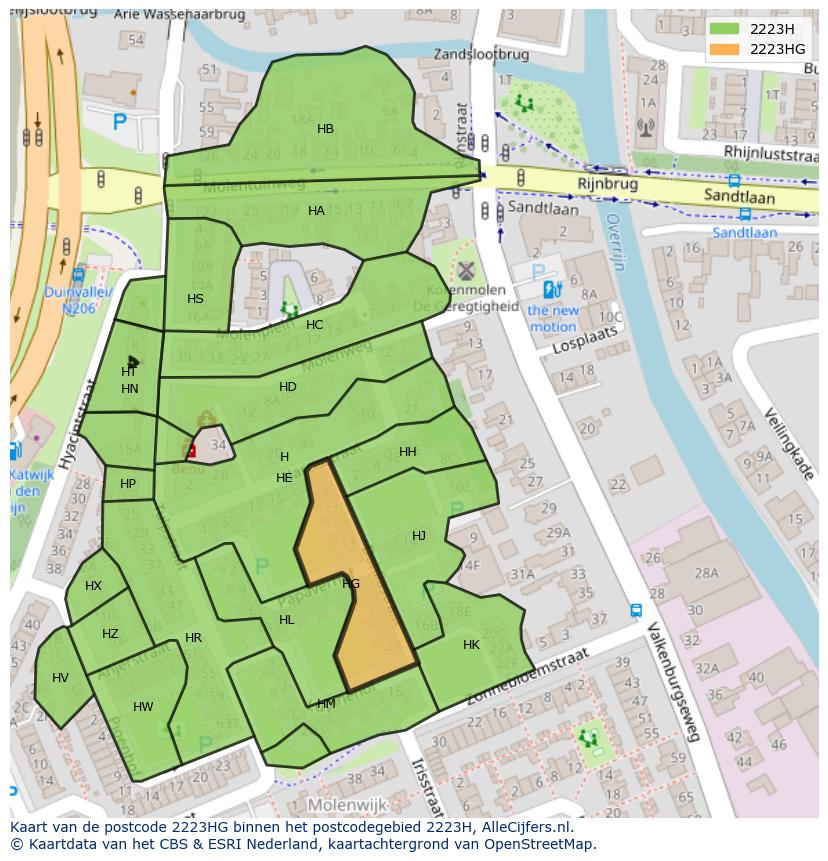 Afbeelding van het postcodegebied 2223 HG op de kaart.