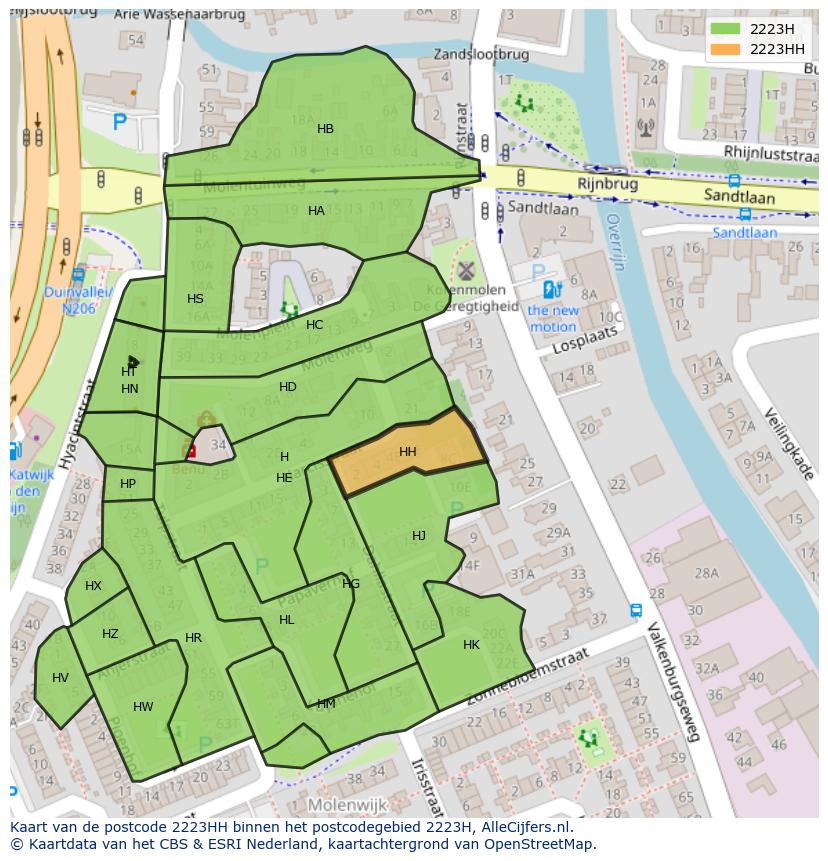 Afbeelding van het postcodegebied 2223 HH op de kaart.