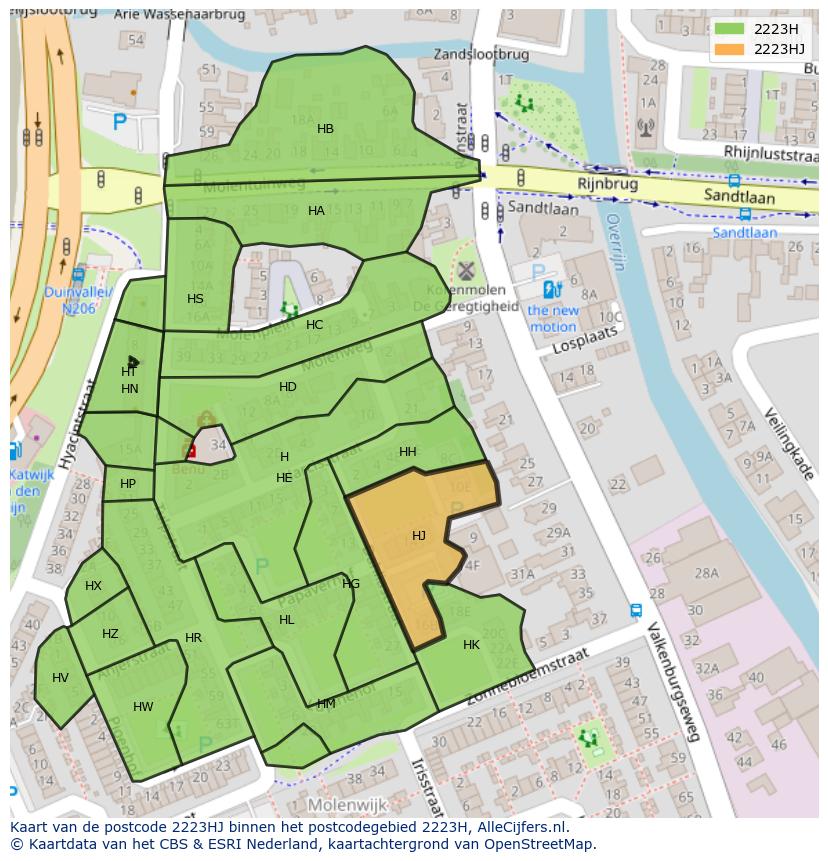 Afbeelding van het postcodegebied 2223 HJ op de kaart.