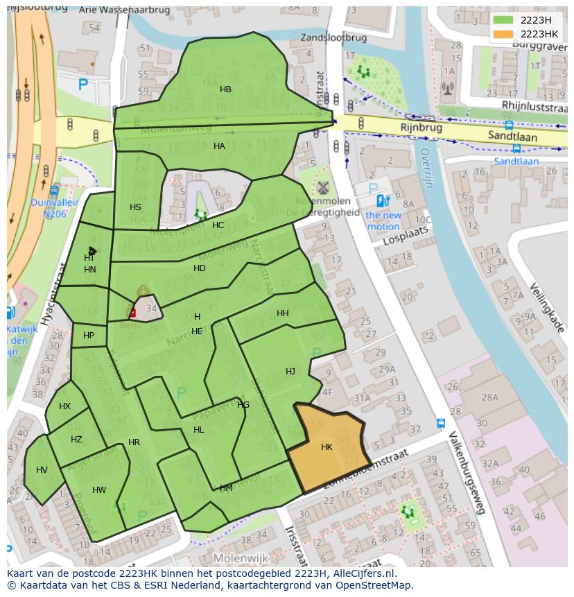 Afbeelding van het postcodegebied 2223 HK op de kaart.