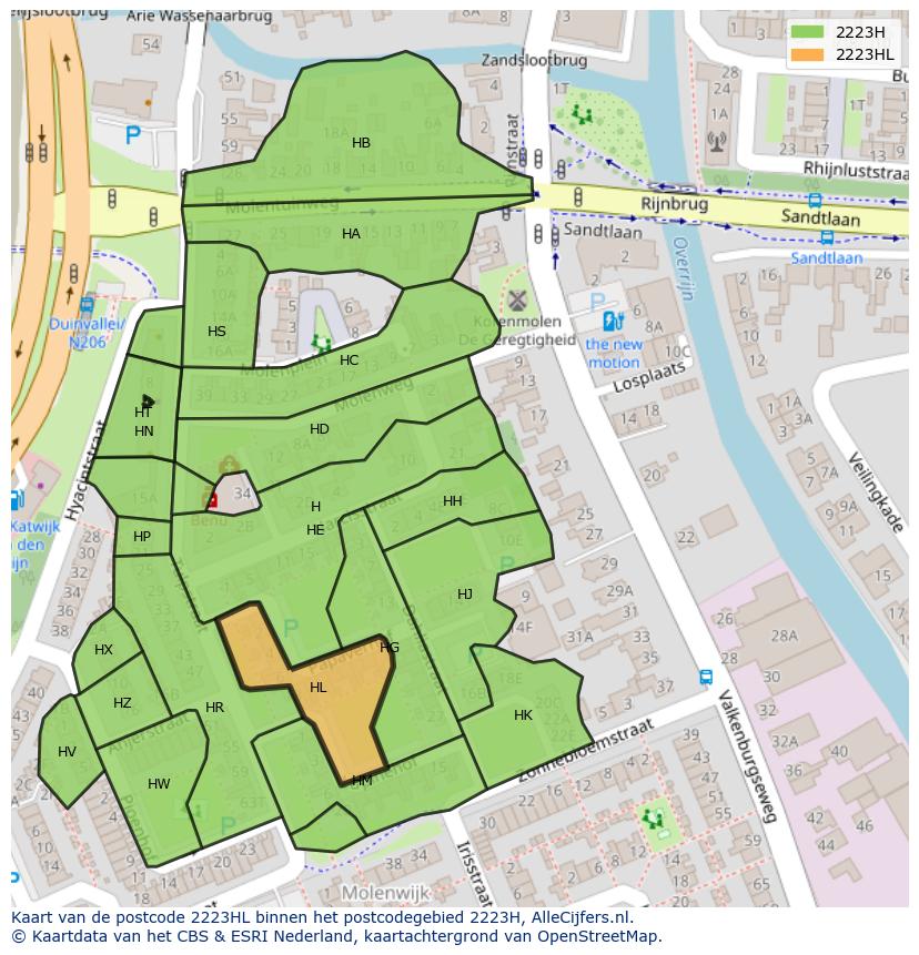 Afbeelding van het postcodegebied 2223 HL op de kaart.