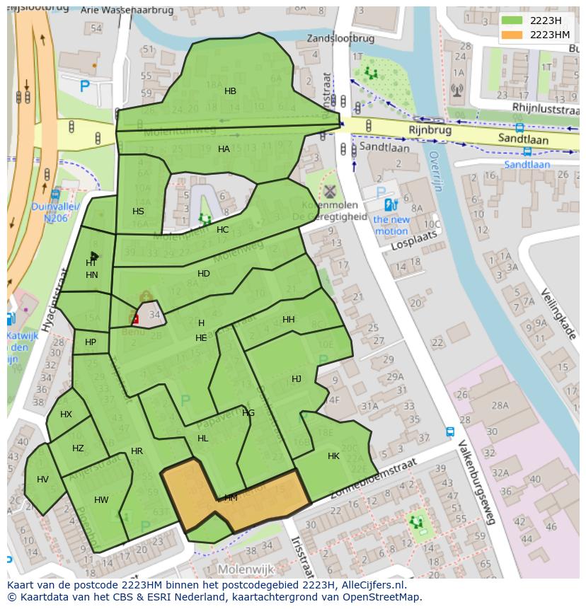 Afbeelding van het postcodegebied 2223 HM op de kaart.