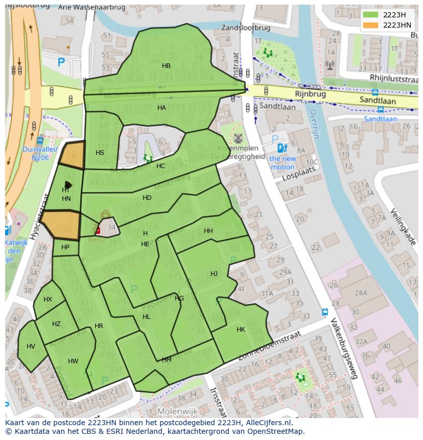 Afbeelding van het postcodegebied 2223 HN op de kaart.