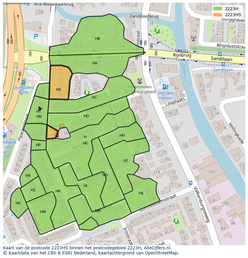 Afbeelding van het postcodegebied 2223 HS op de kaart.