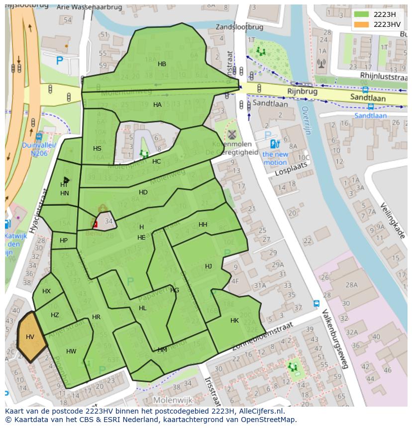 Afbeelding van het postcodegebied 2223 HV op de kaart.