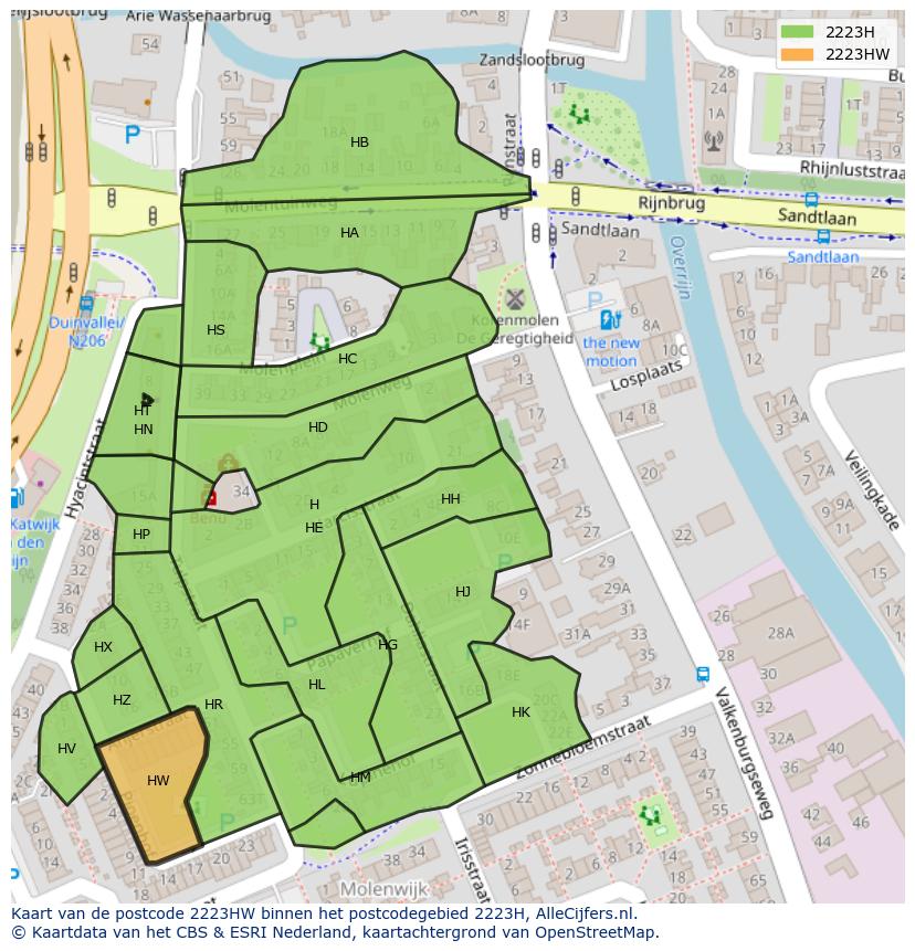 Afbeelding van het postcodegebied 2223 HW op de kaart.