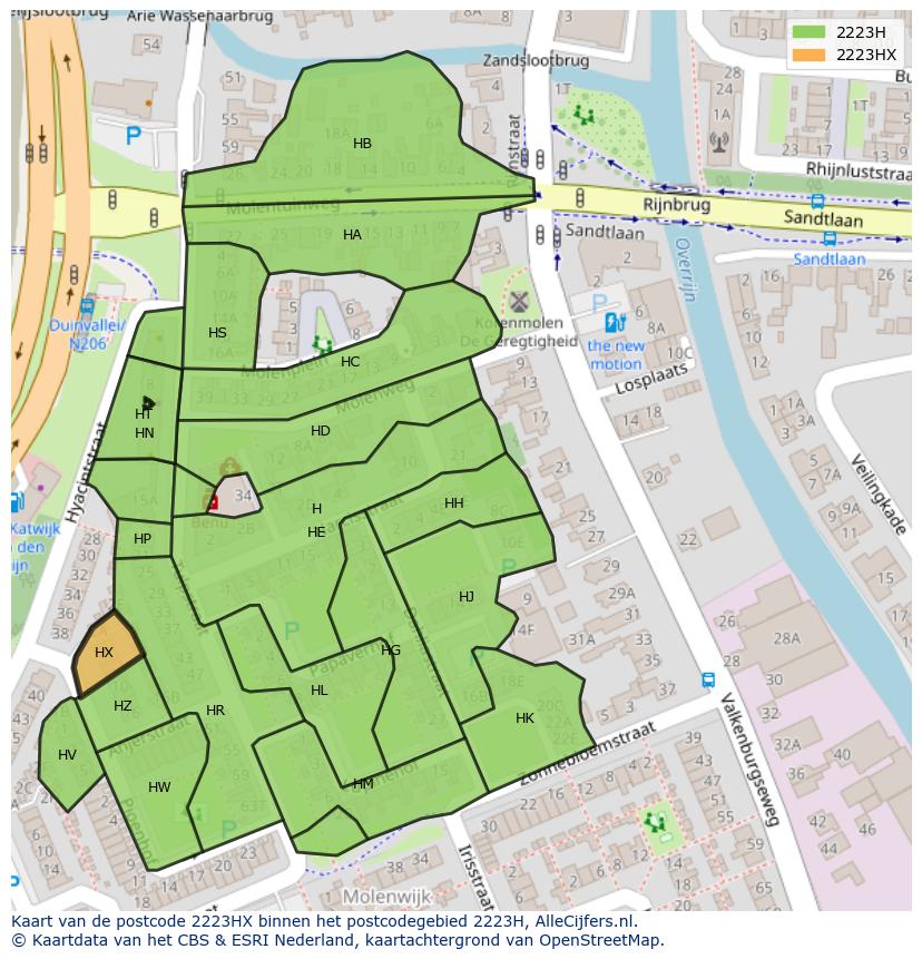 Afbeelding van het postcodegebied 2223 HX op de kaart.