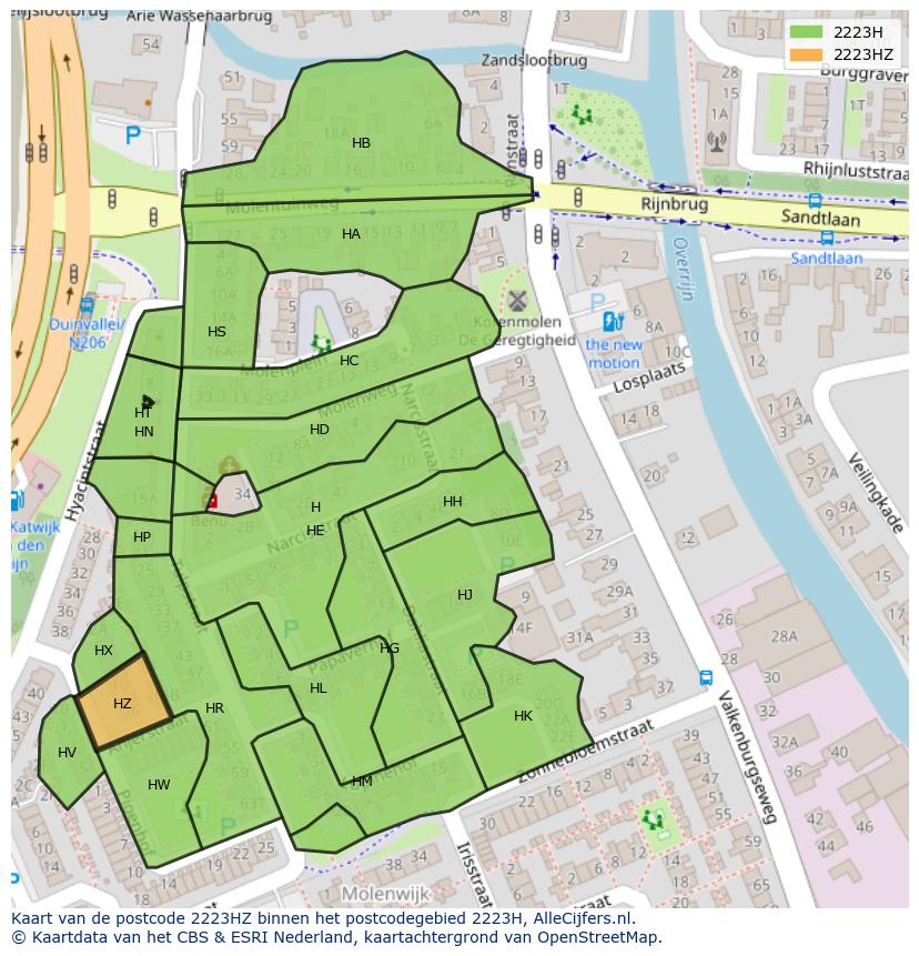 Afbeelding van het postcodegebied 2223 HZ op de kaart.