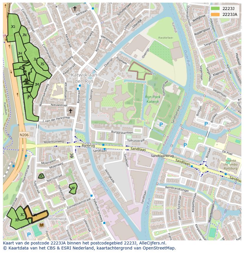 Afbeelding van het postcodegebied 2223 JA op de kaart.