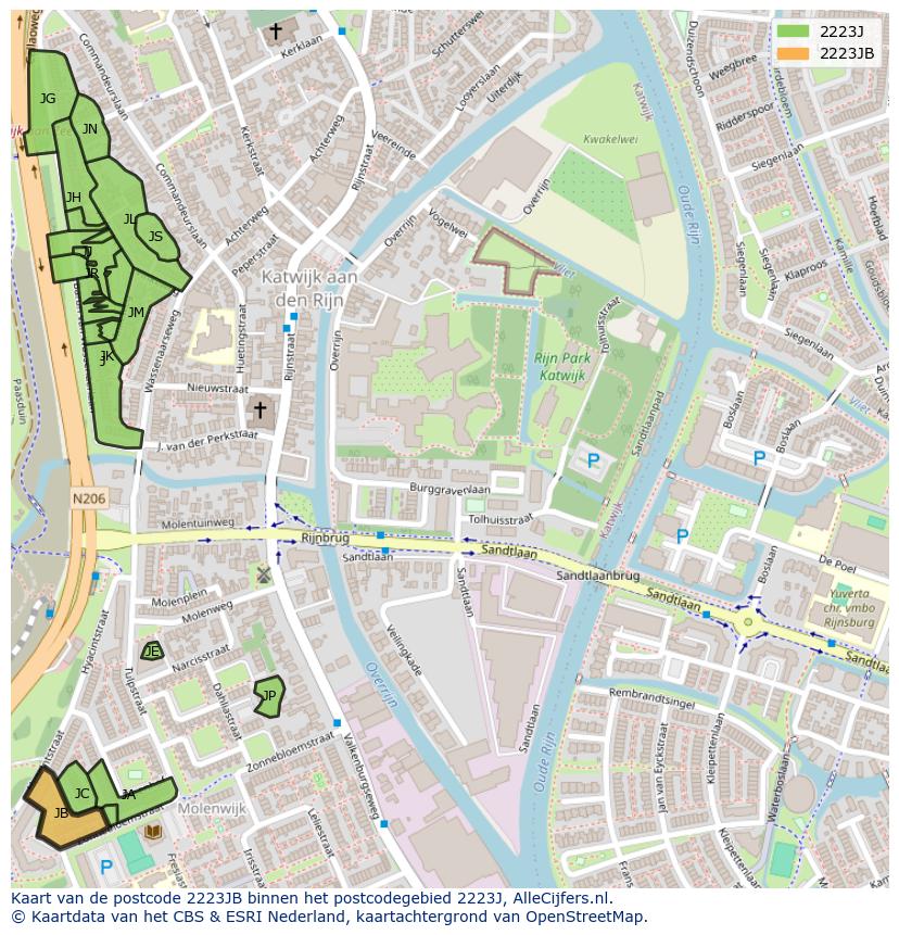 Afbeelding van het postcodegebied 2223 JB op de kaart.