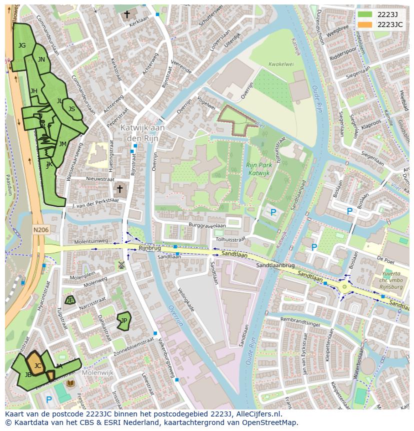 Afbeelding van het postcodegebied 2223 JC op de kaart.