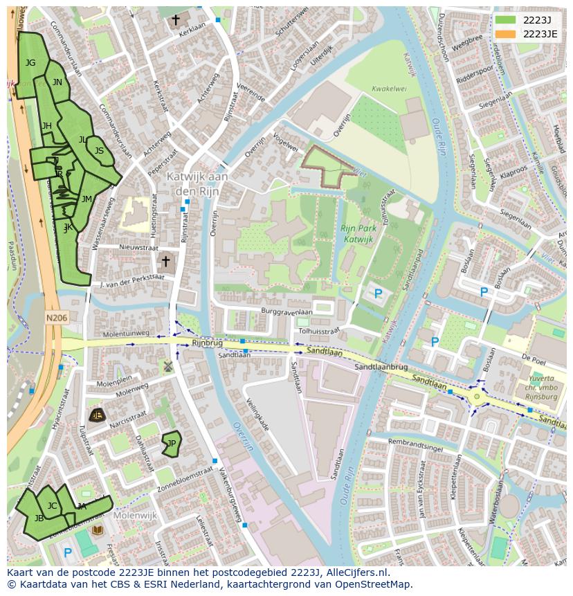 Afbeelding van het postcodegebied 2223 JE op de kaart.