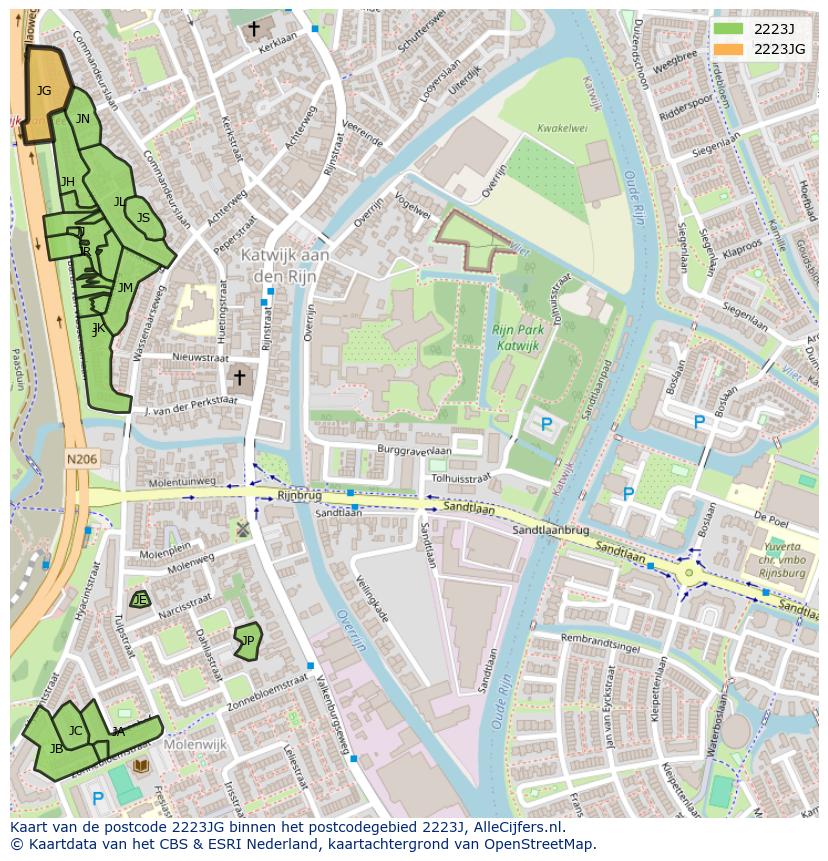 Afbeelding van het postcodegebied 2223 JG op de kaart.