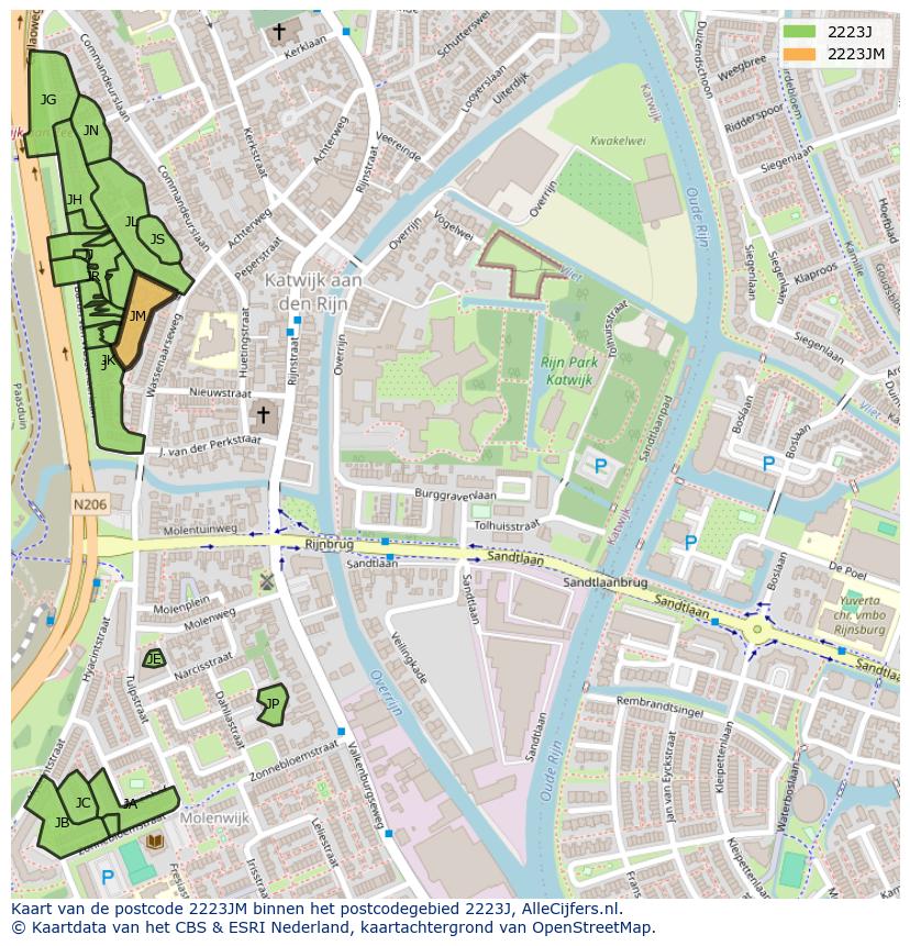Afbeelding van het postcodegebied 2223 JM op de kaart.