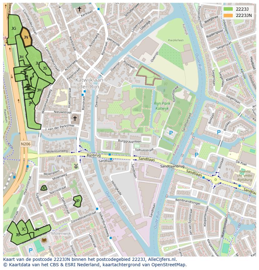 Afbeelding van het postcodegebied 2223 JN op de kaart.