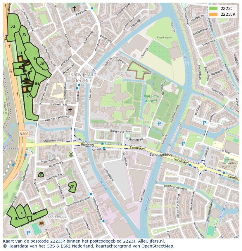Afbeelding van het postcodegebied 2223 JR op de kaart.