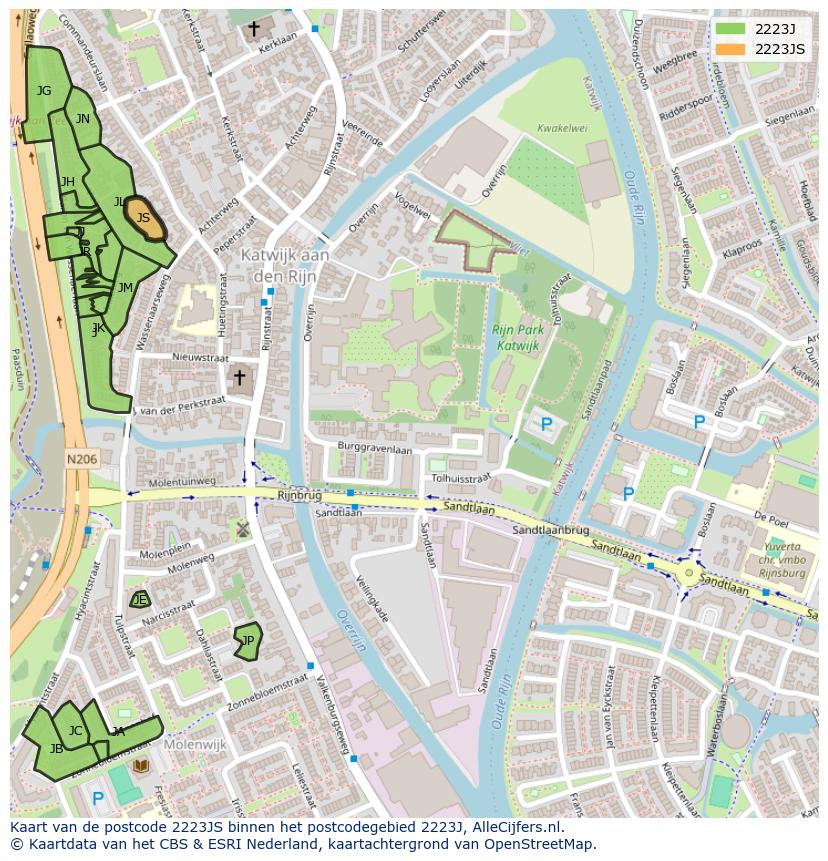 Afbeelding van het postcodegebied 2223 JS op de kaart.