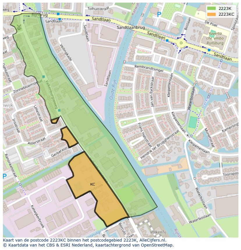 Afbeelding van het postcodegebied 2223 KC op de kaart.