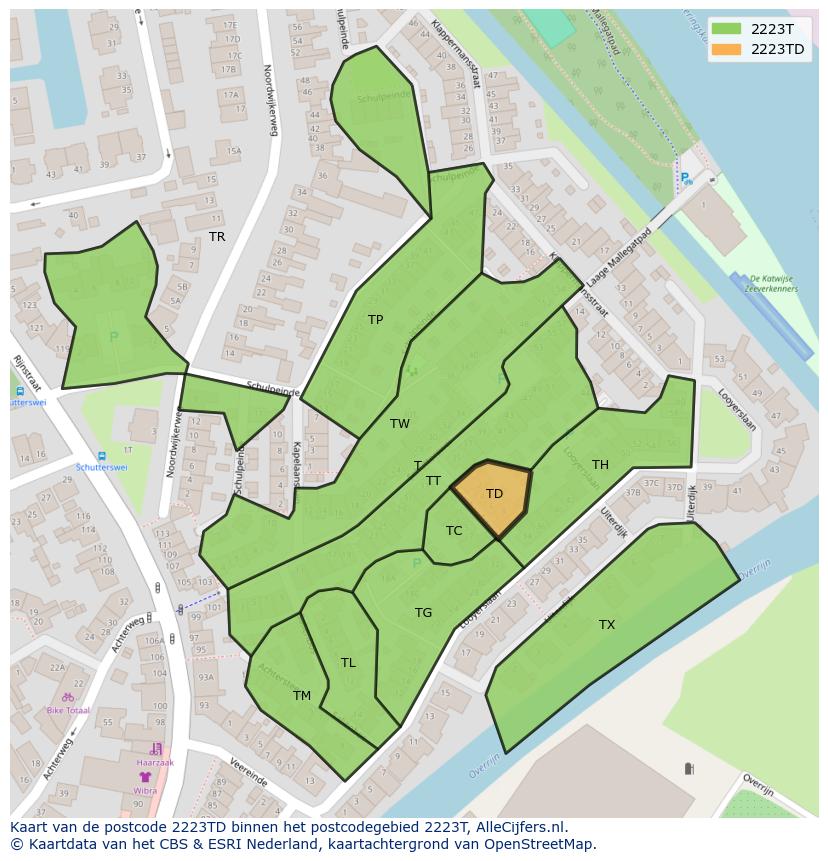 Afbeelding van het postcodegebied 2223 TD op de kaart.
