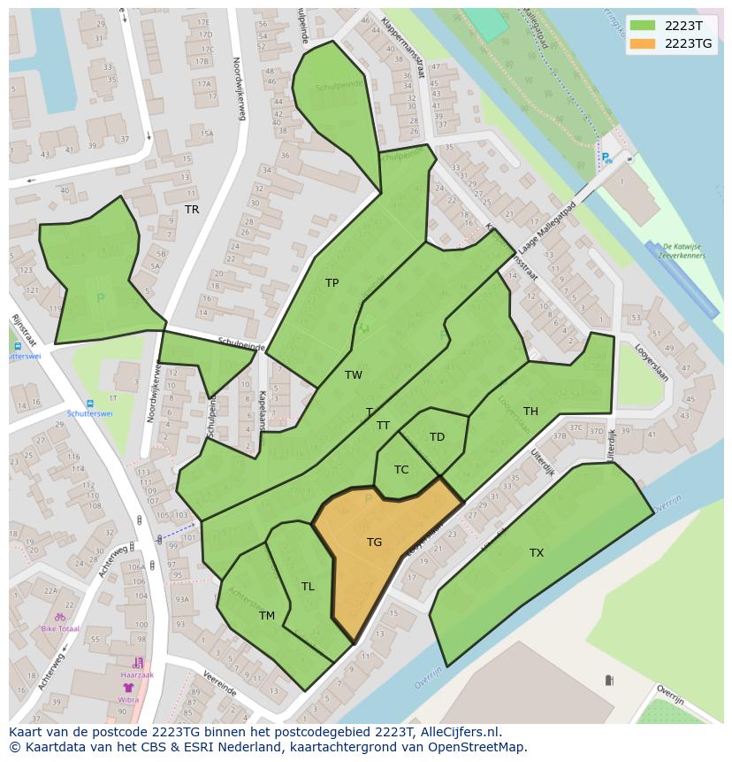 Afbeelding van het postcodegebied 2223 TG op de kaart.