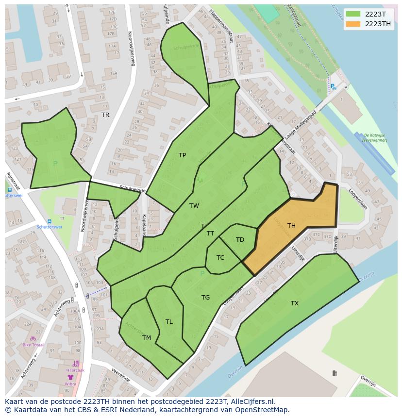 Afbeelding van het postcodegebied 2223 TH op de kaart.