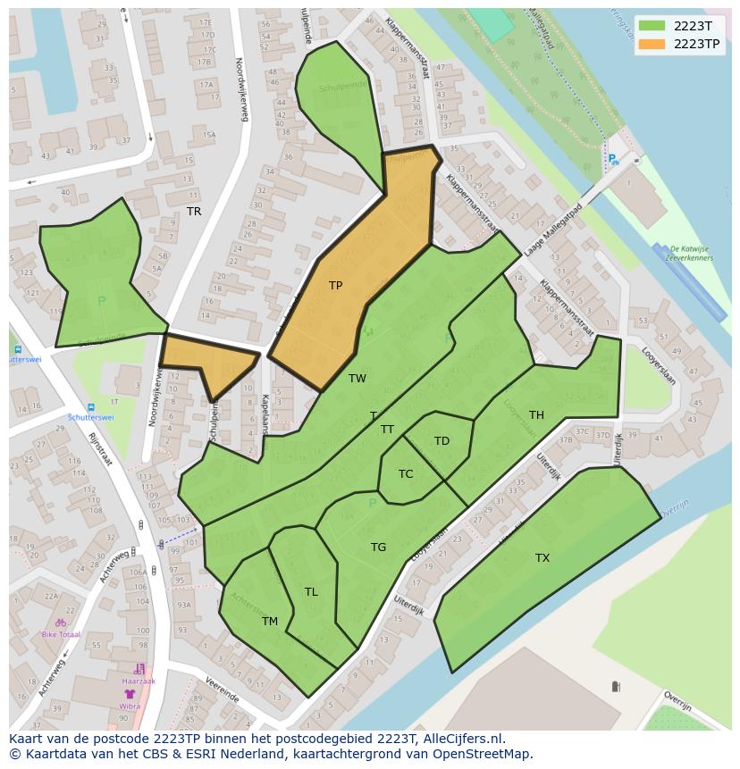 Afbeelding van het postcodegebied 2223 TP op de kaart.