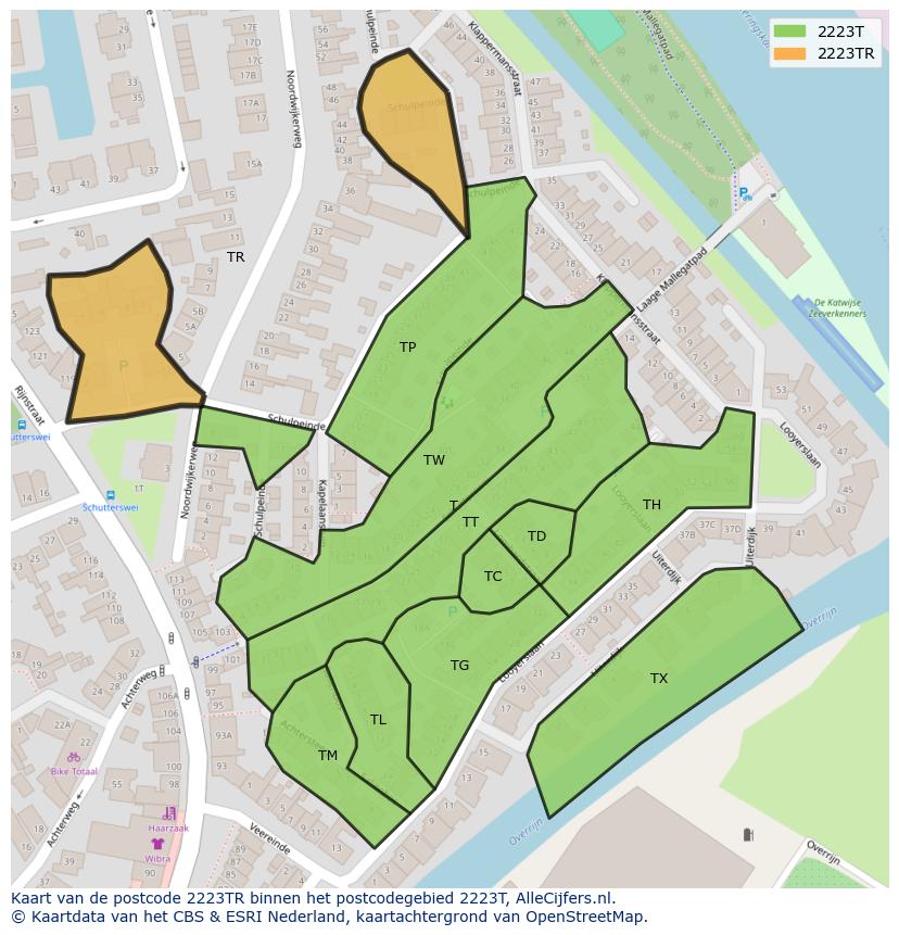 Afbeelding van het postcodegebied 2223 TR op de kaart.
