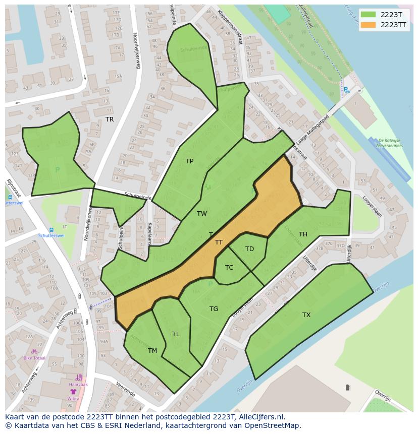Afbeelding van het postcodegebied 2223 TT op de kaart.