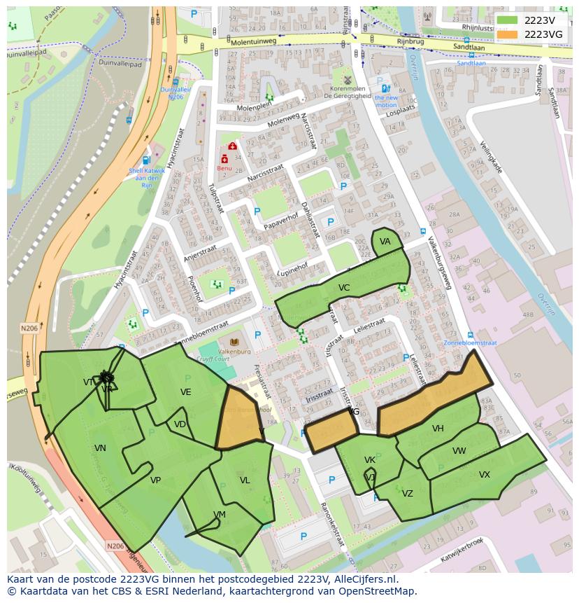 Afbeelding van het postcodegebied 2223 VG op de kaart.