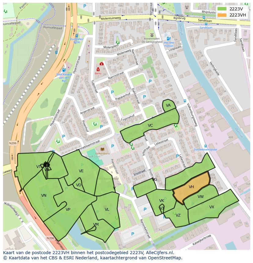 Afbeelding van het postcodegebied 2223 VH op de kaart.