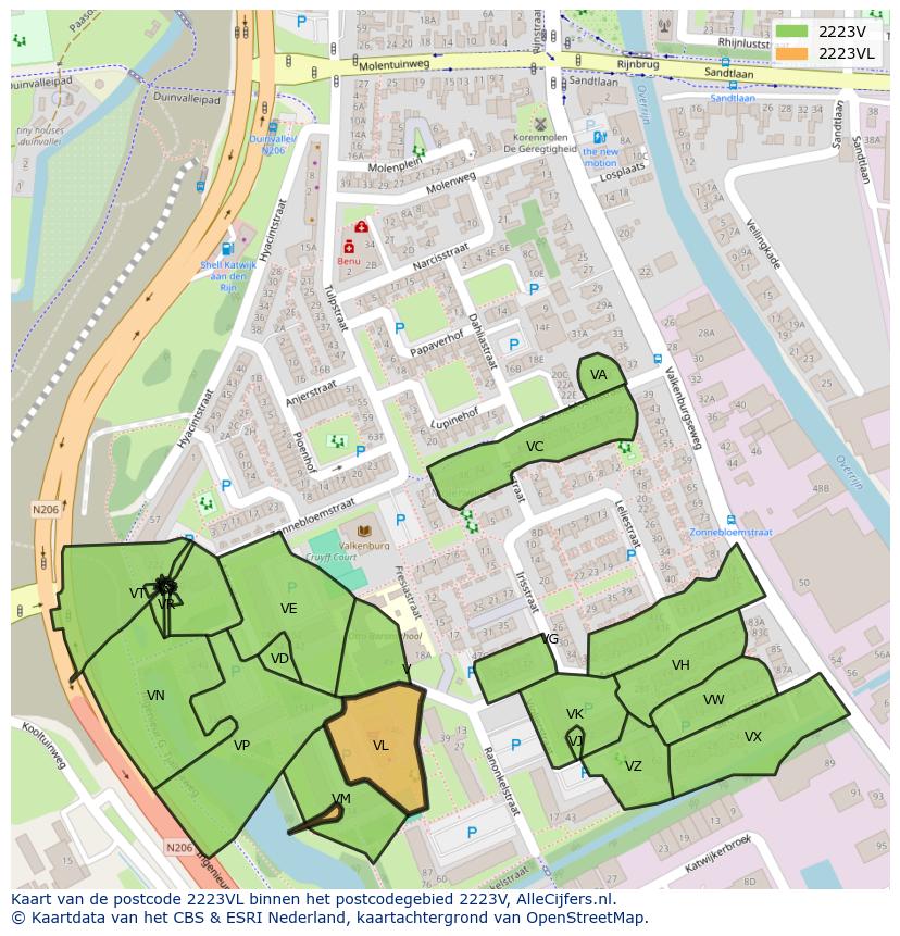 Afbeelding van het postcodegebied 2223 VL op de kaart.