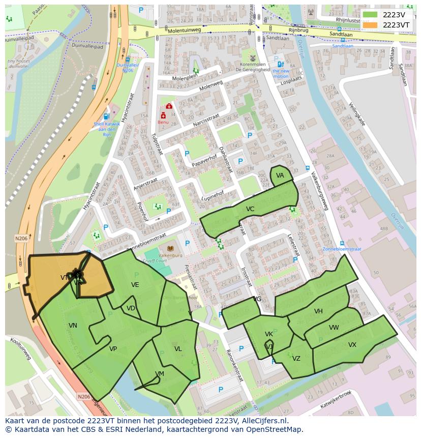 Afbeelding van het postcodegebied 2223 VT op de kaart.