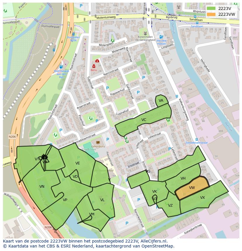 Afbeelding van het postcodegebied 2223 VW op de kaart.