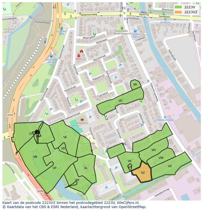 Afbeelding van het postcodegebied 2223 VZ op de kaart.