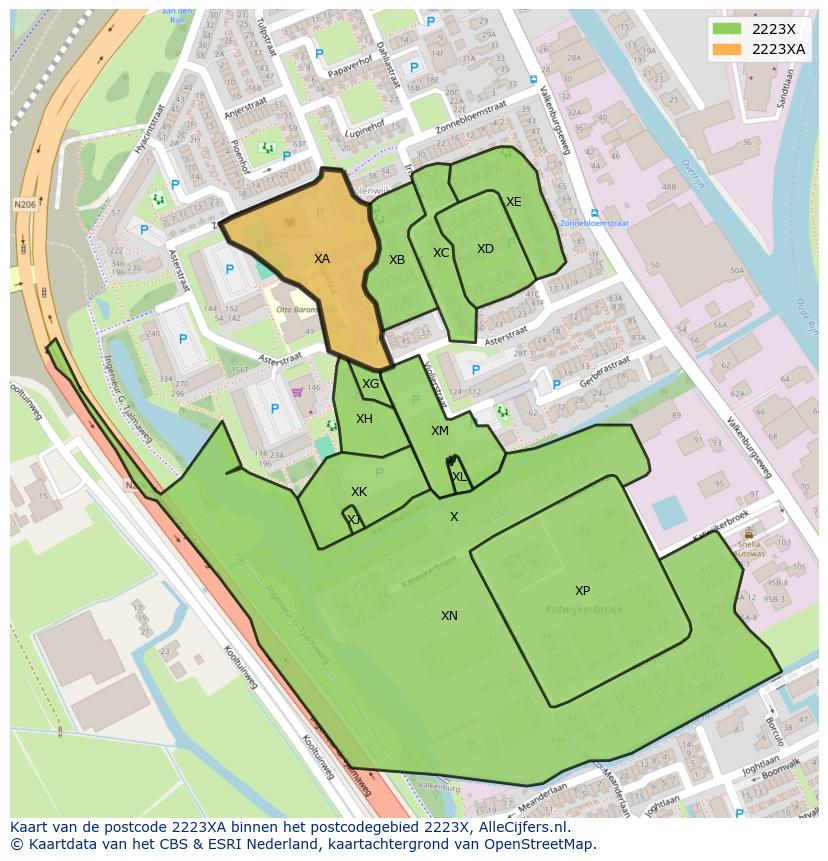 Afbeelding van het postcodegebied 2223 XA op de kaart.