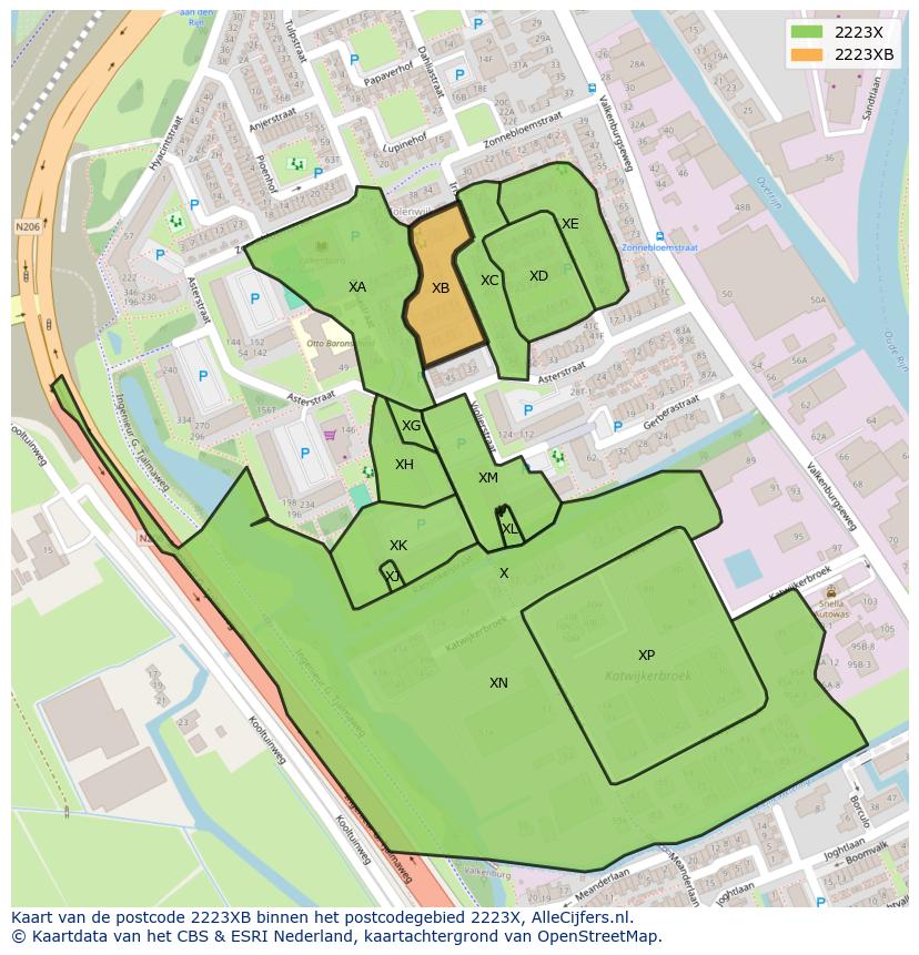 Afbeelding van het postcodegebied 2223 XB op de kaart.