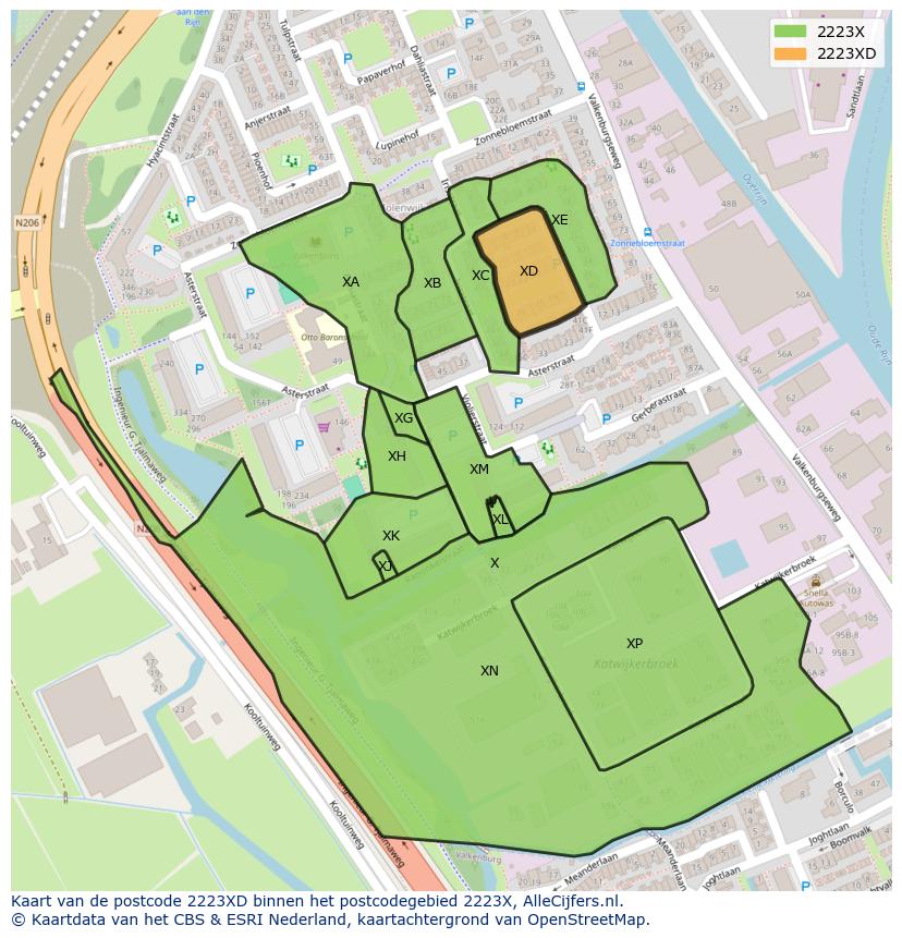 Afbeelding van het postcodegebied 2223 XD op de kaart.