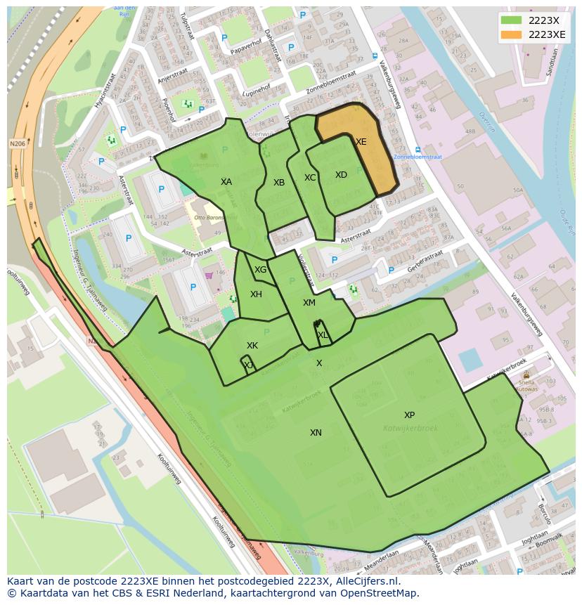 Afbeelding van het postcodegebied 2223 XE op de kaart.