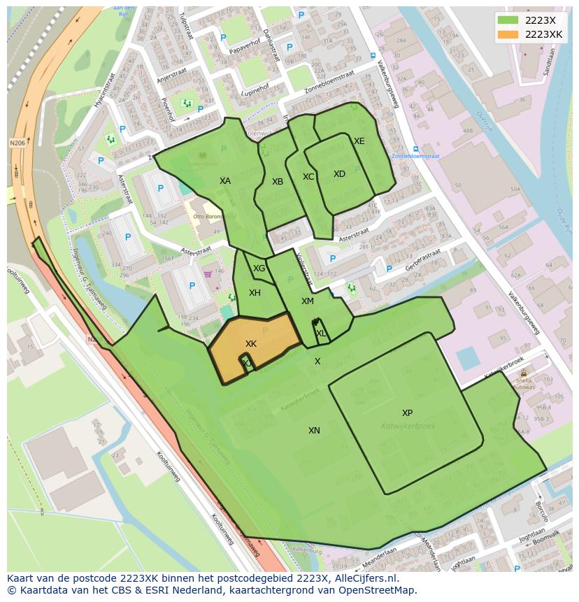 Afbeelding van het postcodegebied 2223 XK op de kaart.