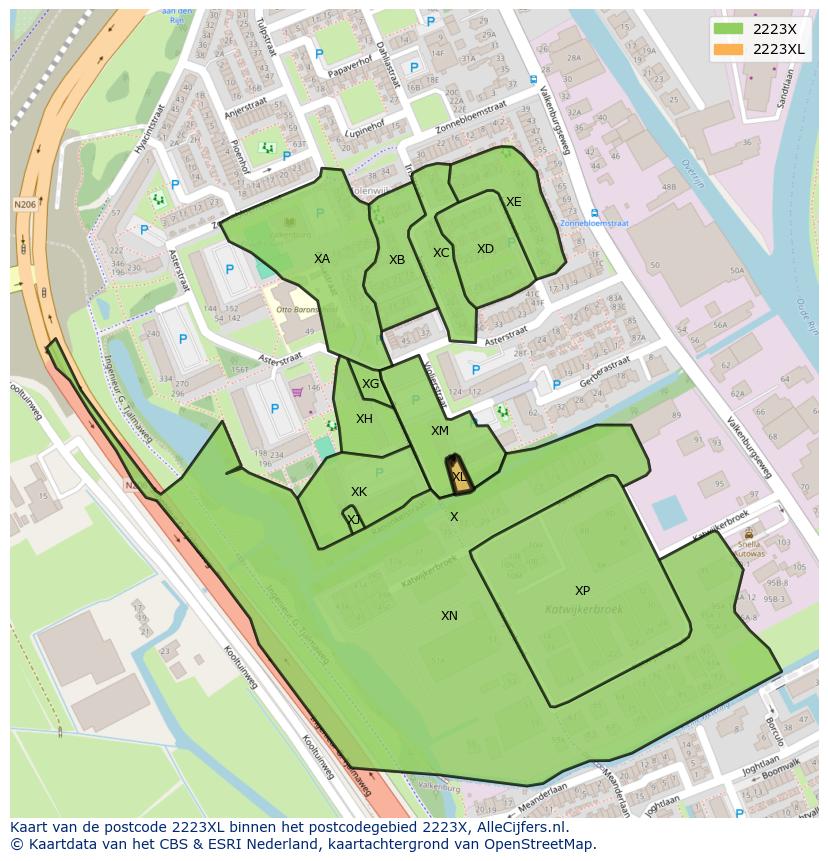 Afbeelding van het postcodegebied 2223 XL op de kaart.