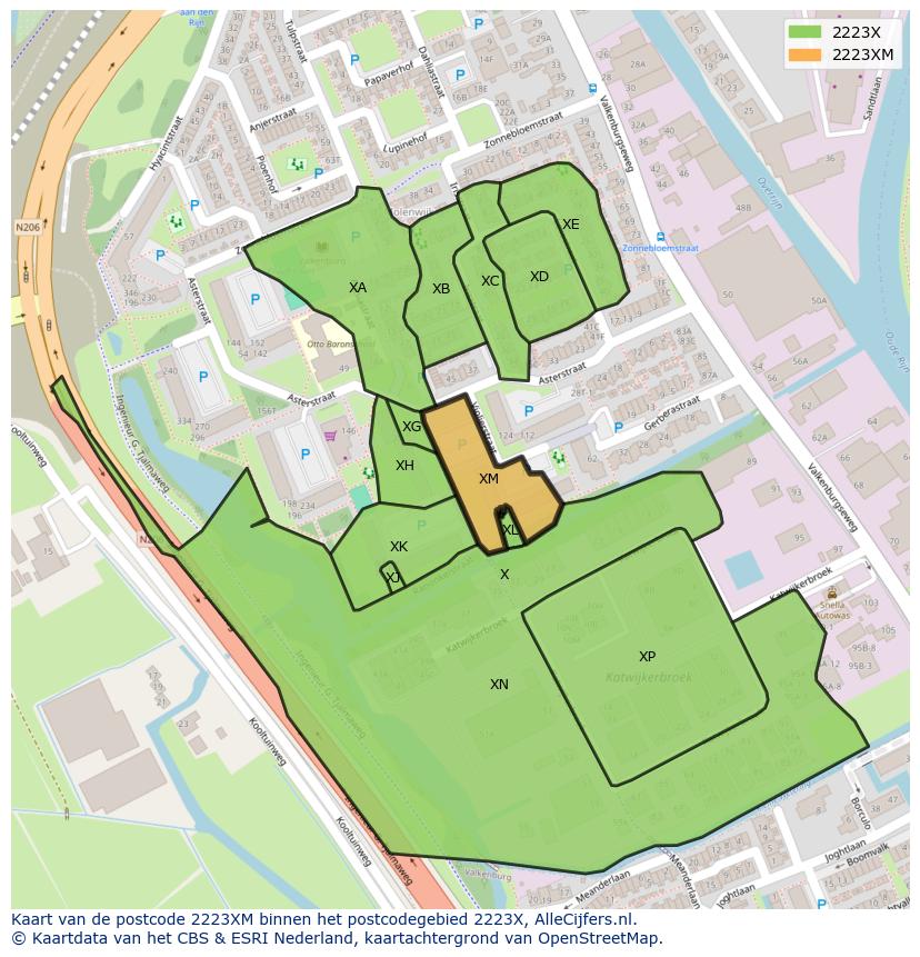 Afbeelding van het postcodegebied 2223 XM op de kaart.