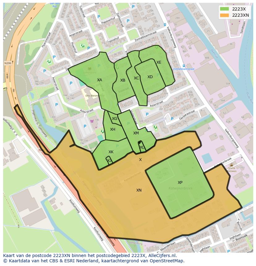 Afbeelding van het postcodegebied 2223 XN op de kaart.
