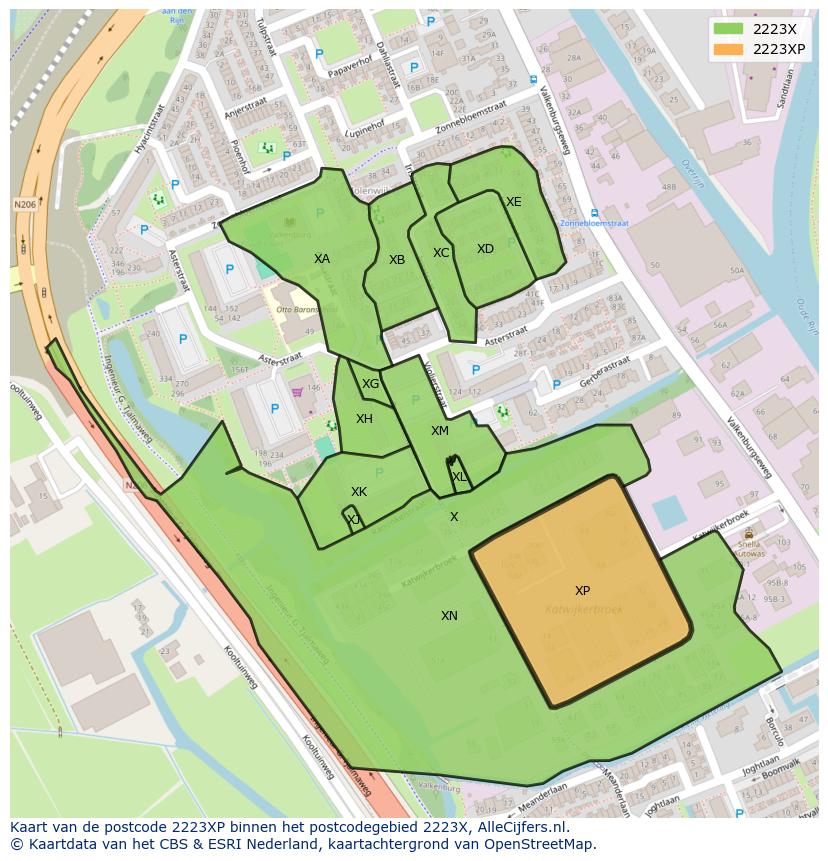 Afbeelding van het postcodegebied 2223 XP op de kaart.