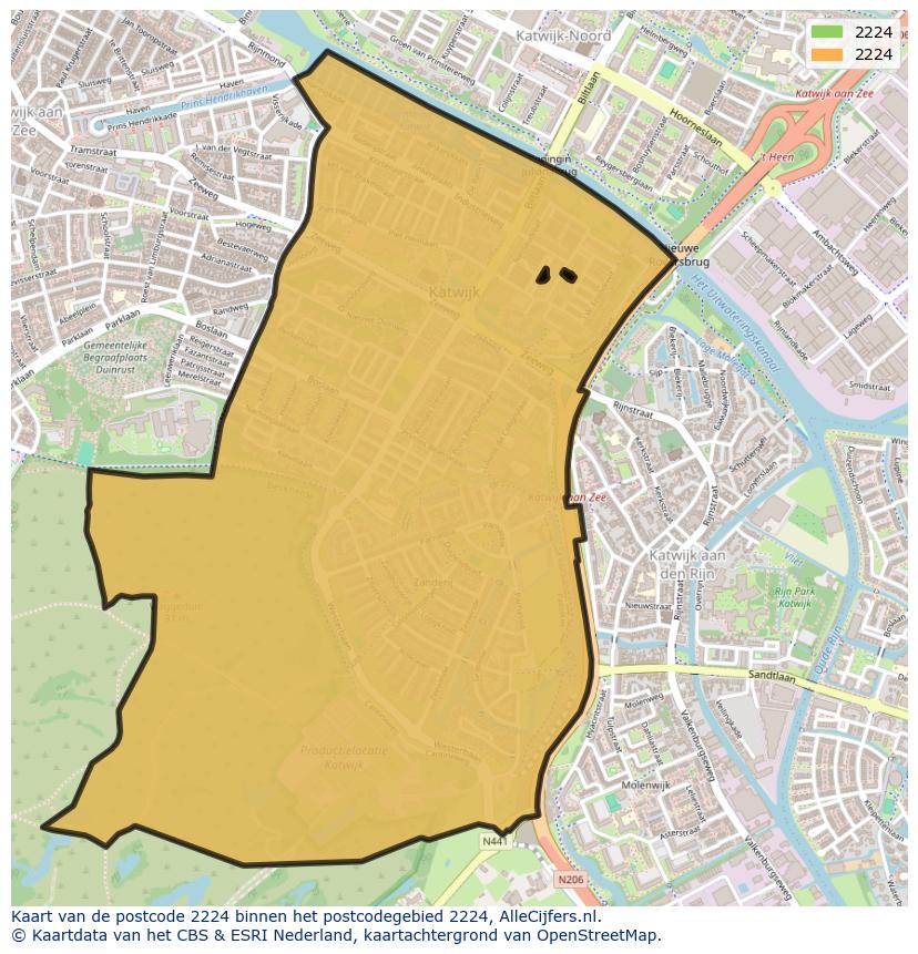 Afbeelding van het postcodegebied 2224 op de kaart.