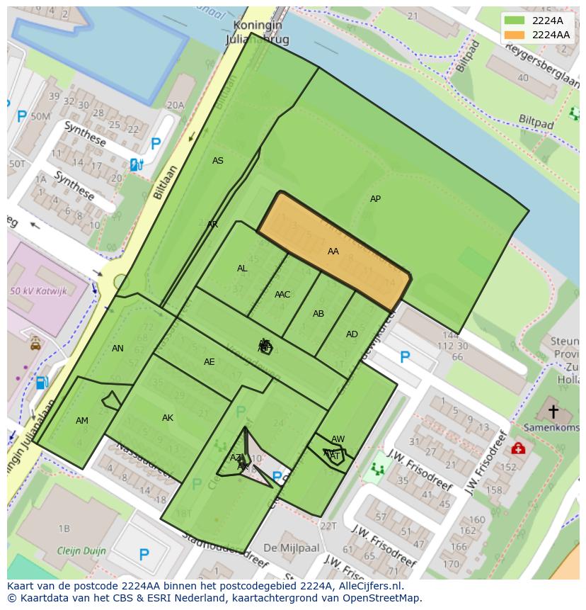 Afbeelding van het postcodegebied 2224 AA op de kaart.