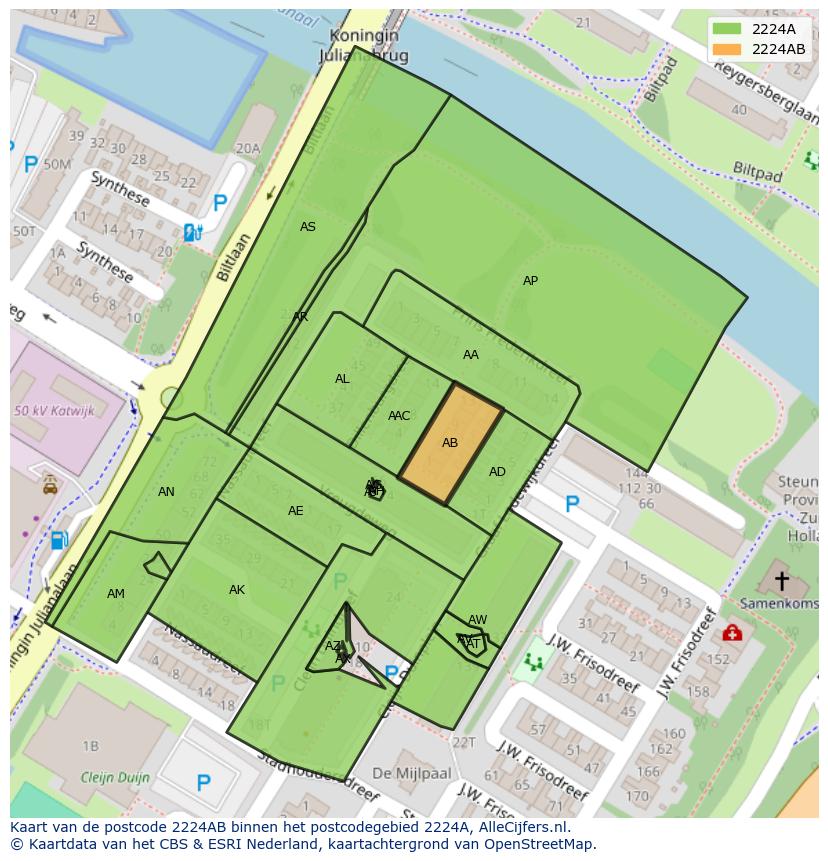 Afbeelding van het postcodegebied 2224 AB op de kaart.